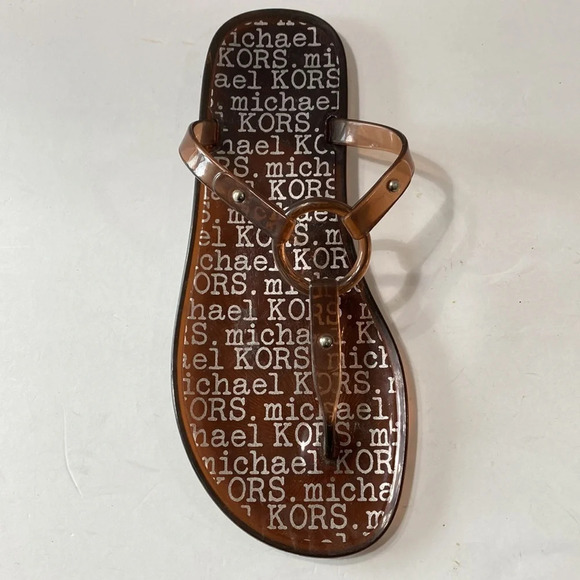 Michael Kors Brown MK Logo Jelly Preppy Thong Flip Flops Beachy Sandals Size 7 - Picture 1 of 9